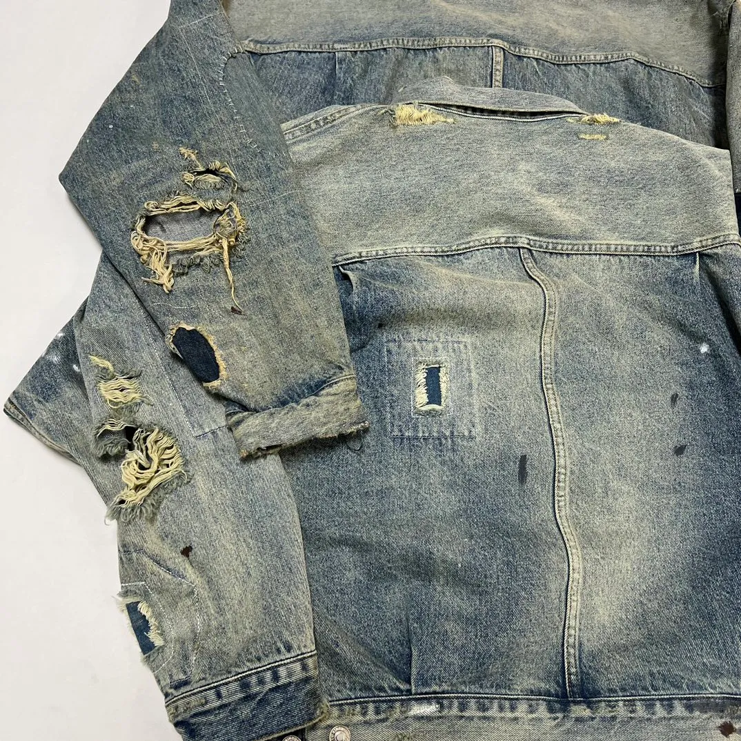 Proofing VS ZP SAINT MICHAEL x BERBERJIN BJ_DENIM JACKET/DAMAGE/BLU Latest BBJ joint model destroyed distressed ripped denim jacket heavy wash water SM destroyed denim jacket washed water blue S-XL